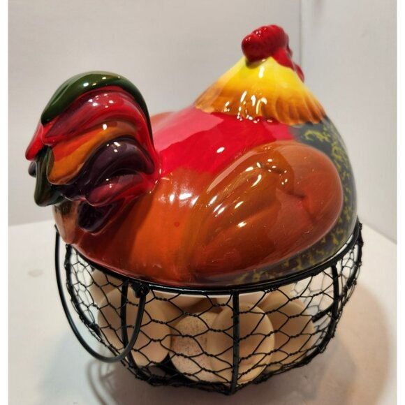 Ceramic Chicken Sitting on Black Metal Egg Basket with Eggs Farmhouse Decor - Picture 6 of 15